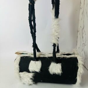 Trendy Grey and White Faux Fur Shoulder Bag